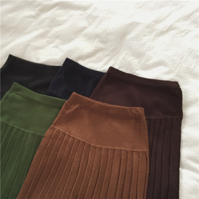 Muzi 18 mùa thu / retro màu rắn khâu xếp li đan váy váy nữ Lạc Đà / xanh / cà phê / Hải Quân / đen chân váy màu be