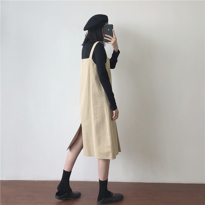 Muzi 18 mùa thu và mùa đông / dụng cụ dây đeo váy nữ kaki / hải quân màu xanh hoang dã đoạn dài dây đeo váy chân váy xòe dài