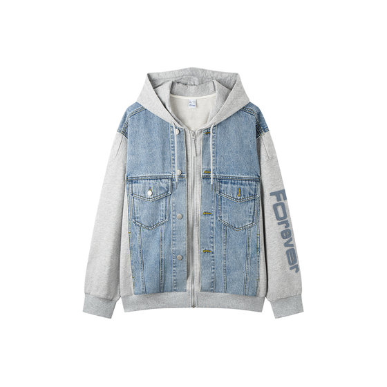 森柔牛仔|森马夹克男绣花拼接牛仔外套春假两件连帽上衣oversize