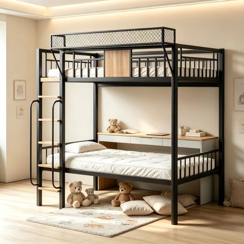 Modern Wrought Iron Loft Bed with Bunk Beds, Double-Decker Bed with Desk Below, Staggered Height Iron Frame Loft Bed