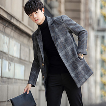 Autumn and winter mens long windbreaker trend casual mens woolen coat business Korean version of woolen coat mens handsome