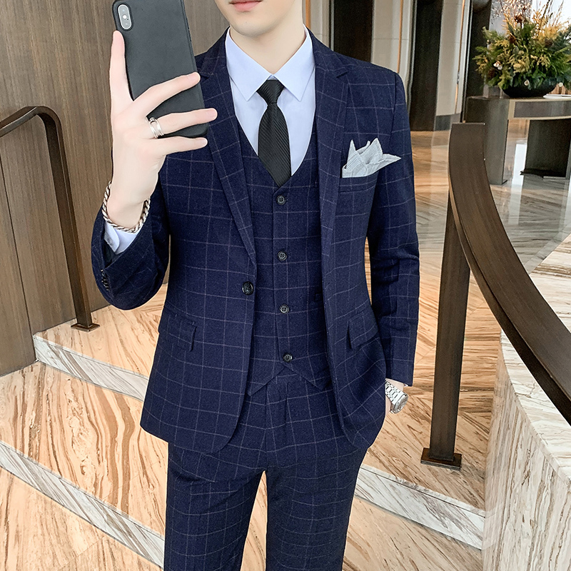 Men's Casual Suit Set, Slim Fit, Trendy Plaid Groom's Wedding Suit, Korean Style Suit Jacket, Business Formal Wear