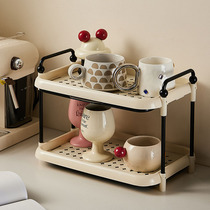 Beautiful desktop water cup storage rack double-layer cup holder with drain tray home living room kettle and tea set storage rack