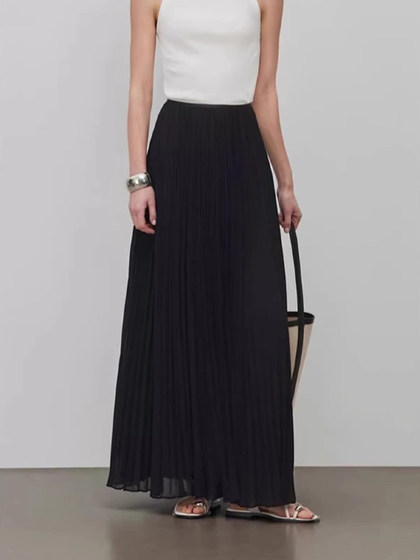 大码设计感松紧腰雪纺半身裙女胖妹妹高腰mm双层压褶a字纱纱长裙