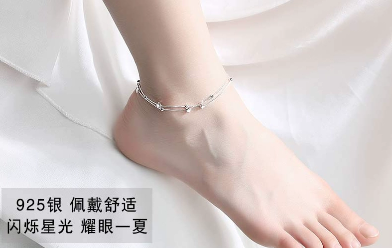 Nữ thần vòng chân bạc 925 Starry Sterling Silver Bracelet Bell Love Stars Thái bạc Vòng chân bạn gái Ngày Valentine - Vòng chân