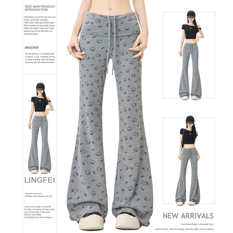 Lingfei Gray Printed Flared Pants for Women, Summer Cuffed High-Waisted Slimming Sweatpants, Casual Bell-Bottom Floor-Length Pants Lingfei Gray Printed Flared Pants for Women, Summer Cuffed High-Waisted Slimming Sweatpants, Casual Bell-Bottom Floor-Length Pants