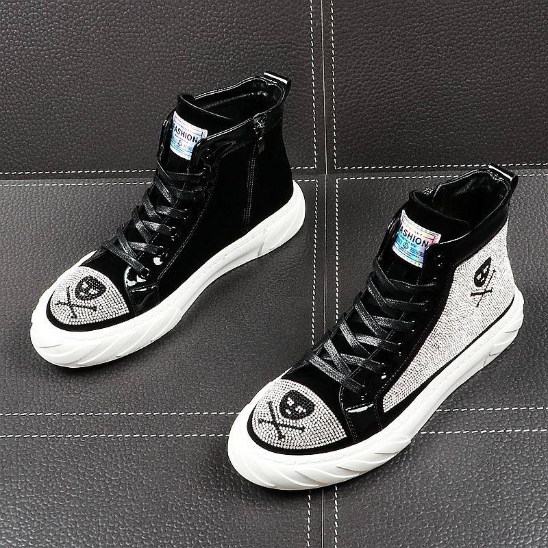 Hong Kong Trend Water Drill Skulls Skull High Cylinder Shoes Men's Shoes European Station Short Boots Individuality Inner Heightened Korean Version Casual Hip Hop Shoes