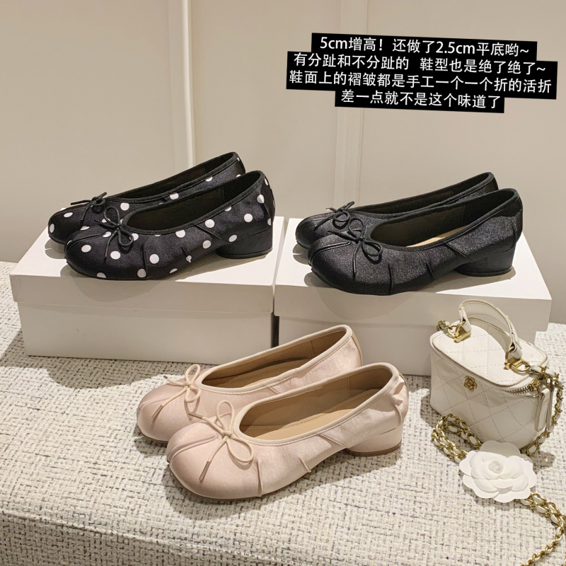 5cm Height-Increasing Chunky Heel Split-Toe Shoes for Women, Thick-Soled Bowknot Silk Satin Ballet Mary Jane Shoes, Pig's Trotters Shoes