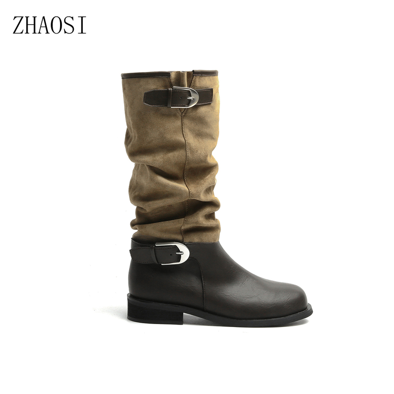 Ma Sichen's Same Style 7cm Height-Increasing Mid-Calf Short Boots for Women with Metal Buckle and Fleece Lining, Long Stacked Riding Boots for Autumn and Winter