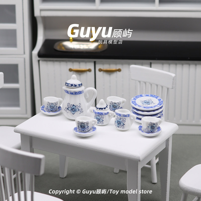 Mini ceramic tea set tableware pretend house wine props simulation tableware model 11-piece dollhouse dining table decoration