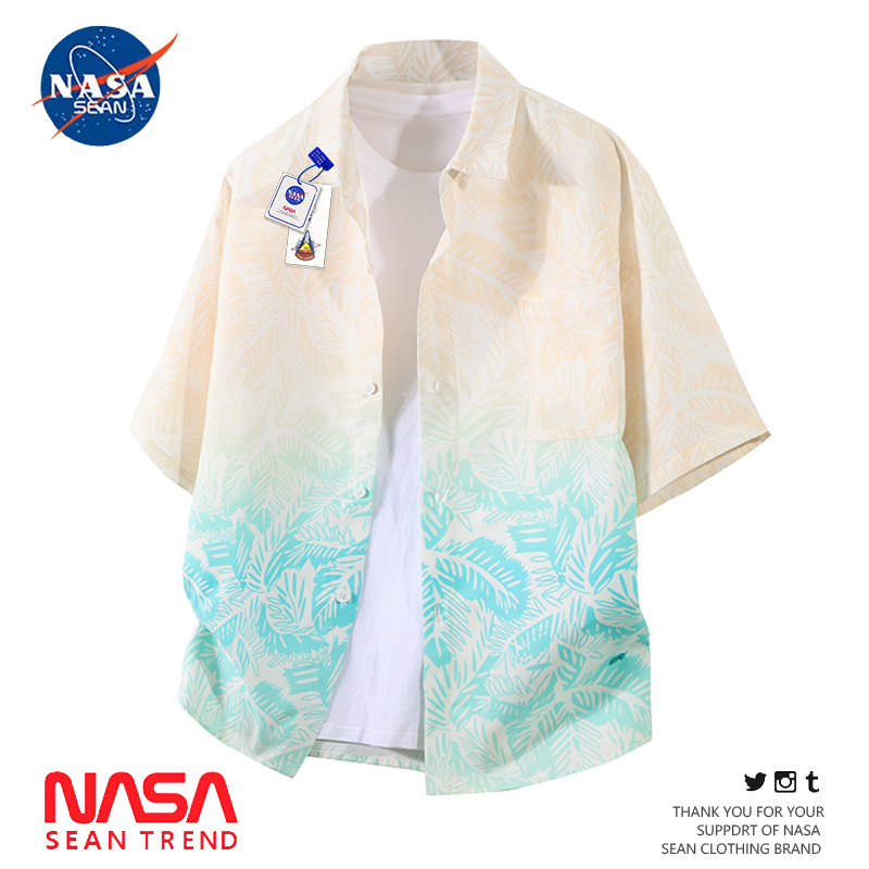 NASA共同アイスシルクビーチ半袖シャツメンズ夏薄手ファッションブランドゆったりハワイアン半袖シャツジャケット