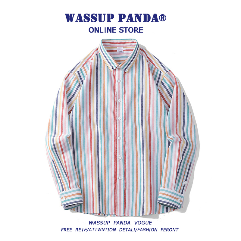 Wassup Panda Rainbow Striped Long-Sleeve Shirt for Men, Spring and Autumn Trendy Brand, Loose Casual Versatile Shirt Jacket