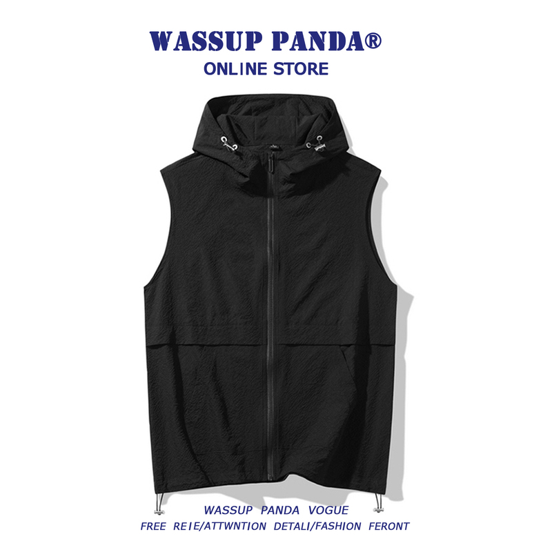 Wassup Panda Cardigan Hooded Vest Men's Summer Quick-Drying Sports Casual Sleeveless Short-Sleeved Vest Jacket