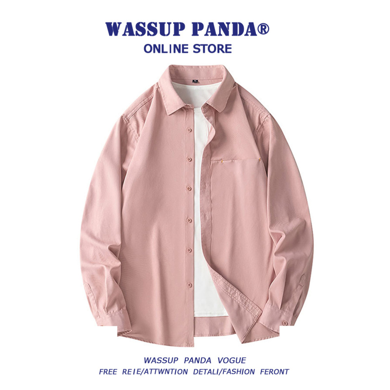 Wassup Panda Pink Long-Sleeved Shirt for Men, Spring & Fall Trendyy, Versatile, High-End, Drapedy Casual Shirt Jacket