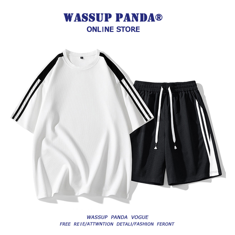 Wassup Panda Ice Silk Casual Sports Suit for Men, Summer Trendy Brand, Loose Thin Short-Sleeved Shorts Two-Piece Set Wassup Panda Ice Silk Casual Sports Suit for Men, Summer Trendy Brand, Loose Thin Short-Sleeved Shorts Two-Piece Set
