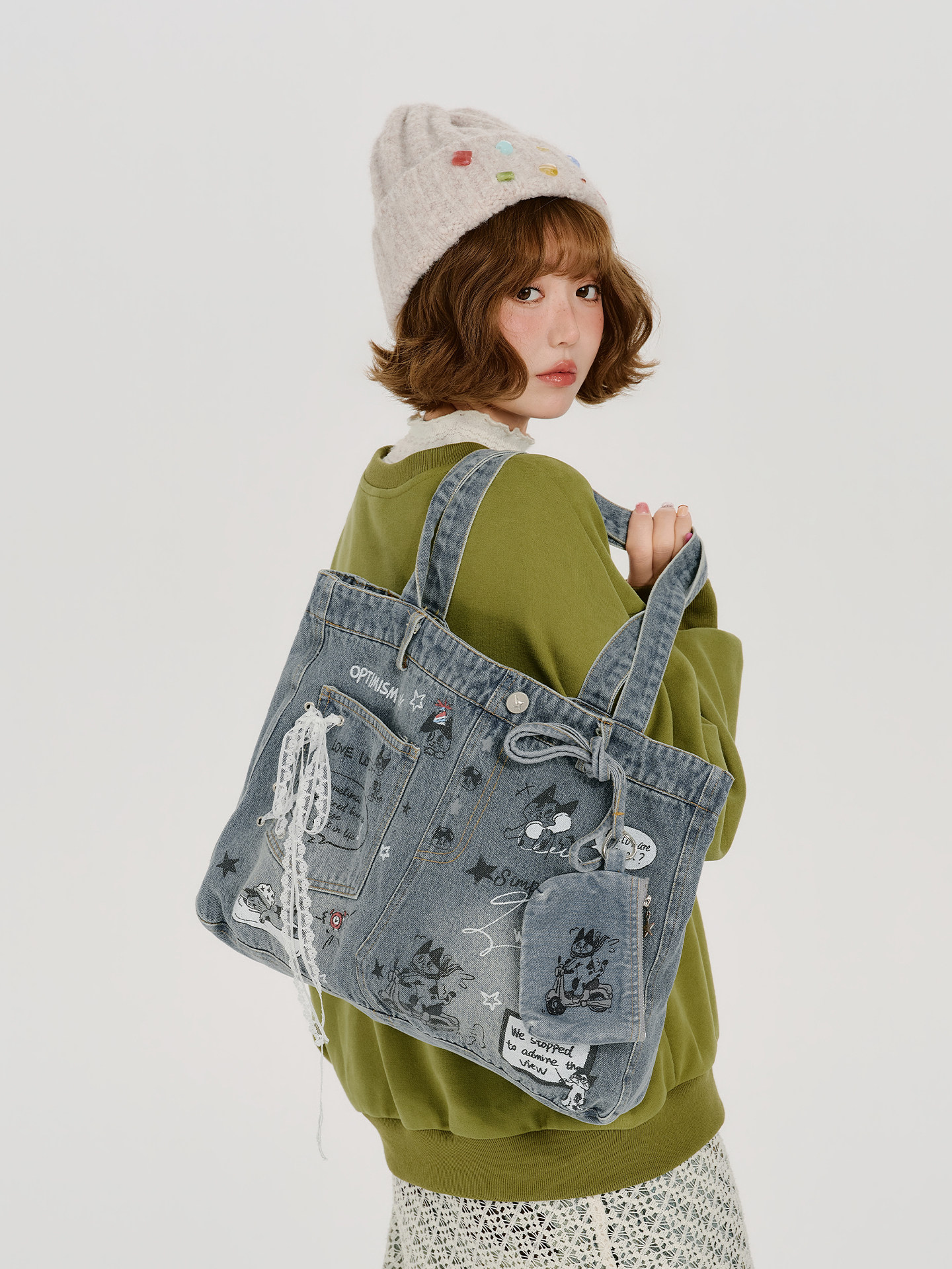 Girlyhalo Washed Denim Cartoon Graffiti Large-Capacity Crossbody Bag