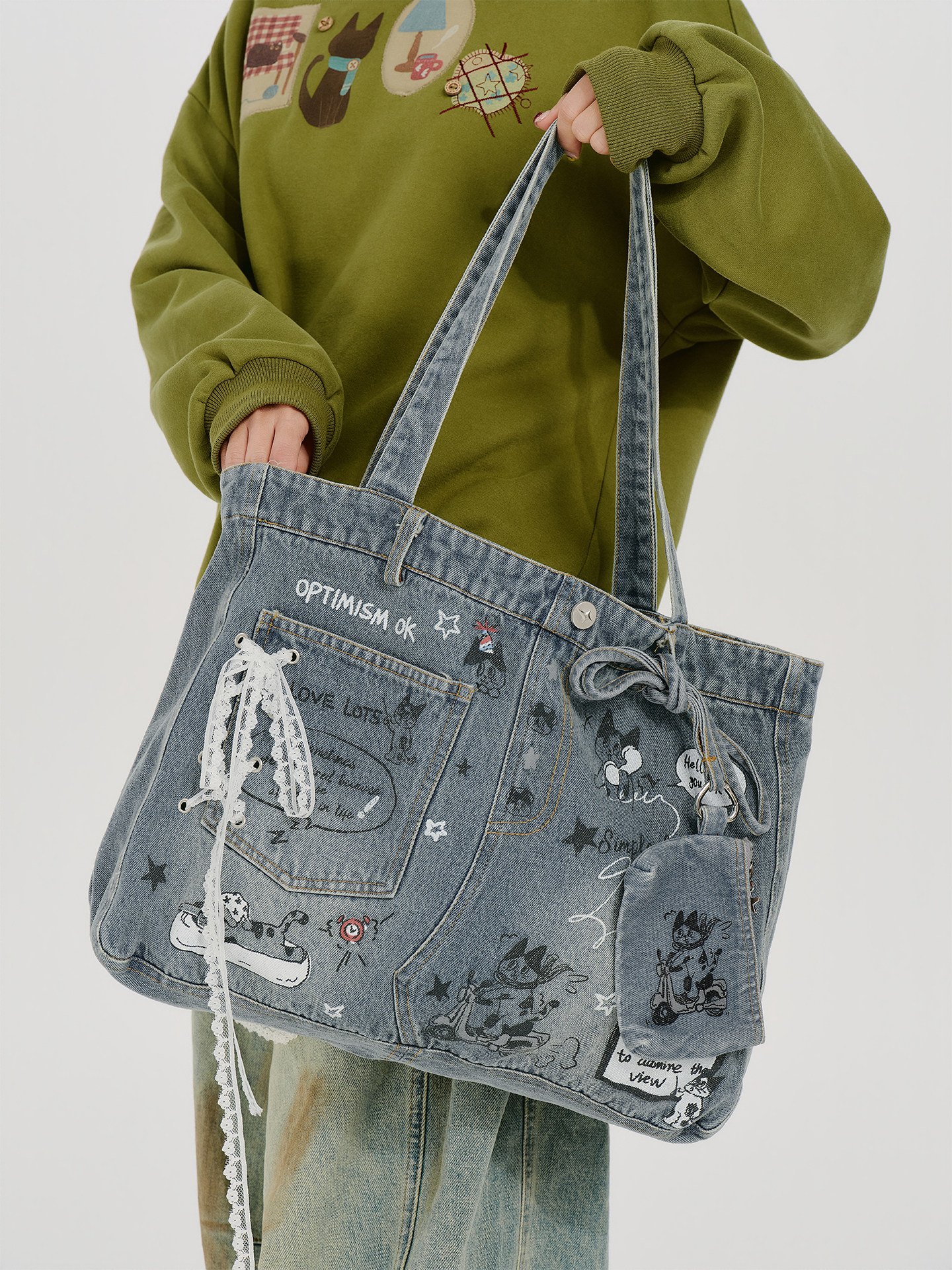 Girlyhalo Washed Denim Cartoon Graffiti Large-Capacity Crossbody Bag