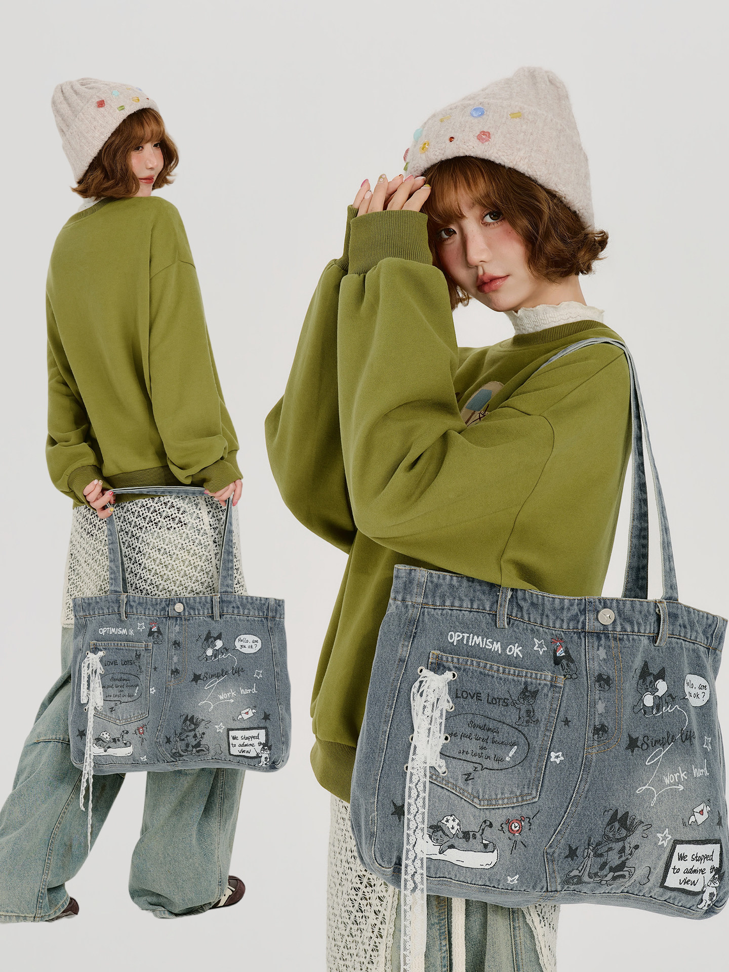 Girlyhalo Washed Denim Cartoon Graffiti Large-Capacity Crossbody Bag