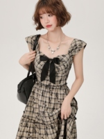 Girlyhalo retro plaid dress women's summer high-waisted butterfly embroidery design A-line suspender skirt