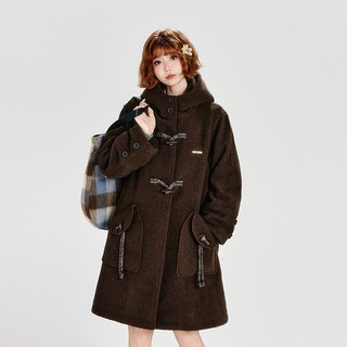 Girlyhalo retro woolen mid-length hooded horn button coat women's winter thickened loose woolen coat