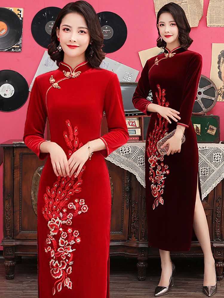 Elite velvet cheongsam, red wedding dress for mother, 2023 collection, autumn, plus size