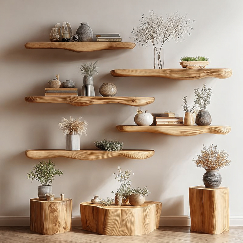 Medieval-Style Solid Wood Storage Rack, Wall-Mounted Living Room Decorative Rack, Wabi-Sabi Style Natural Wood Wave Board Storage Rack, Solid Wood Board