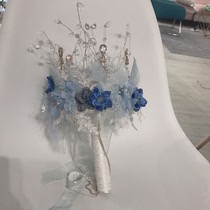 Korean feather rhinestone crystal lace handmade diy custom original design Haze blue ash blue hand bouquet bag