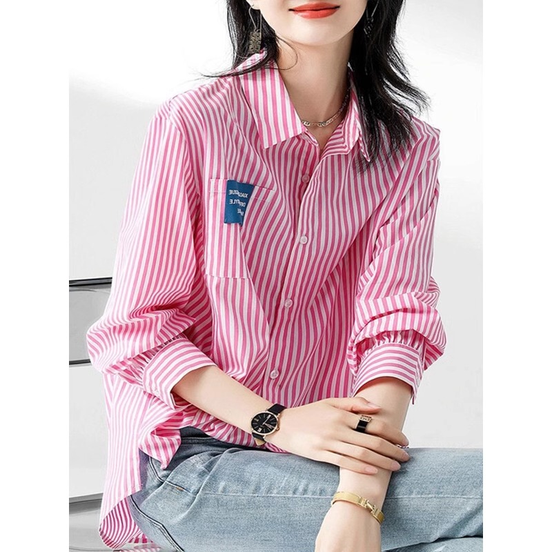 European Style Pink Striped Shirt for Women 2026 New Light Luxury High-End Spring and Autumn Lazy Style Long-Sleeve Top Trendy