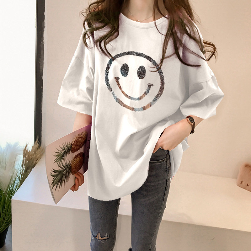 European station mid-length short-sleeved t-shirt women's ins tide 2023 summer new loose and versatile half-sleeved top plus size