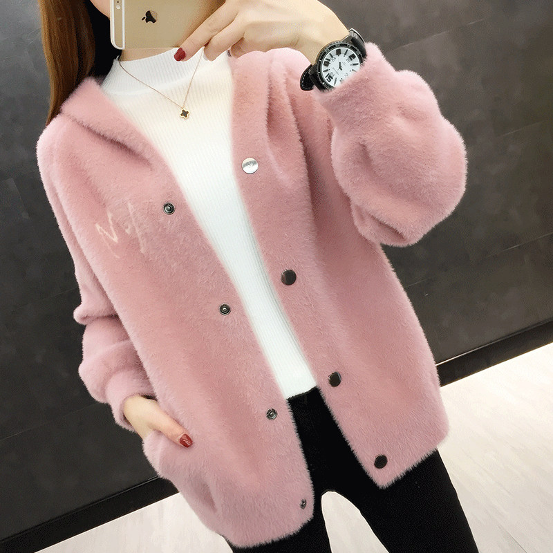 European pink cardigan sweater imitation mink velvet jacket women's 2021 new autumn/winter fashion versatile thick short