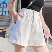 European station white denim shorts womens elastic high waist a character 2021 summer thin ins loose thin wide legs