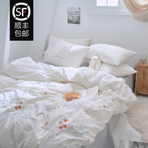  Simple cotton washed cotton four-piece set Small fresh embroidery white cotton quilt cover sheets bed sheet bedding
