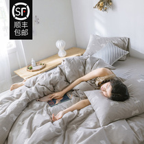 Cotton jacquard double-layer yarn set simple Nordic style light luxury cartoon cat nude sleeping soft cotton bedding
