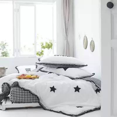 Simple cotton water wash cotton four-piece set Nordic tassel lace Plaid towel embroidered cotton quilt cover sheets bedding