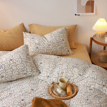 Japanese-style floral cotton knitted cotton four-piece set cartoon pure cotton naked sleeping Tianzhu quilt set Bed sheet bed sheet bedding