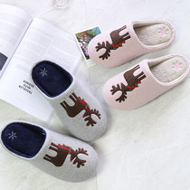 Cute cartoon patch embroidery Christmas elk slippers couple home soft non-slip coral Velvet Moon shoes
