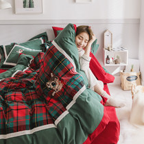 Cartoon embroidery cotton wash cotton four-piece lace Plaid nude sleeping cotton quilt cover sheets bed hats bedding