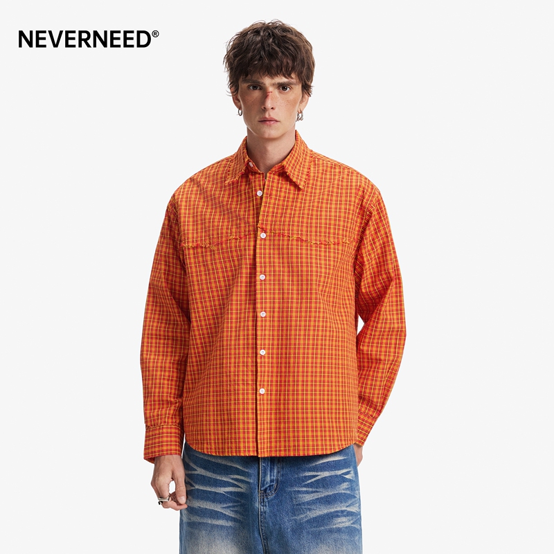 Neverneed American Retro Orange Plaid Shirt for Men and Women, Spring Trendy Brand, Loose and Versatile Turn-Down Collar Shirt