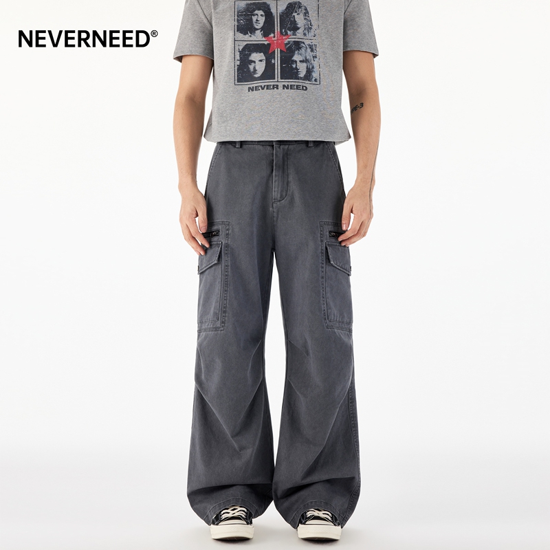 Neverneed Pleated Straight-Leg Casual Pants for Men and Women, Spring American-Style Cleanfit Zipper Pocket Cargo Pants, Trendy