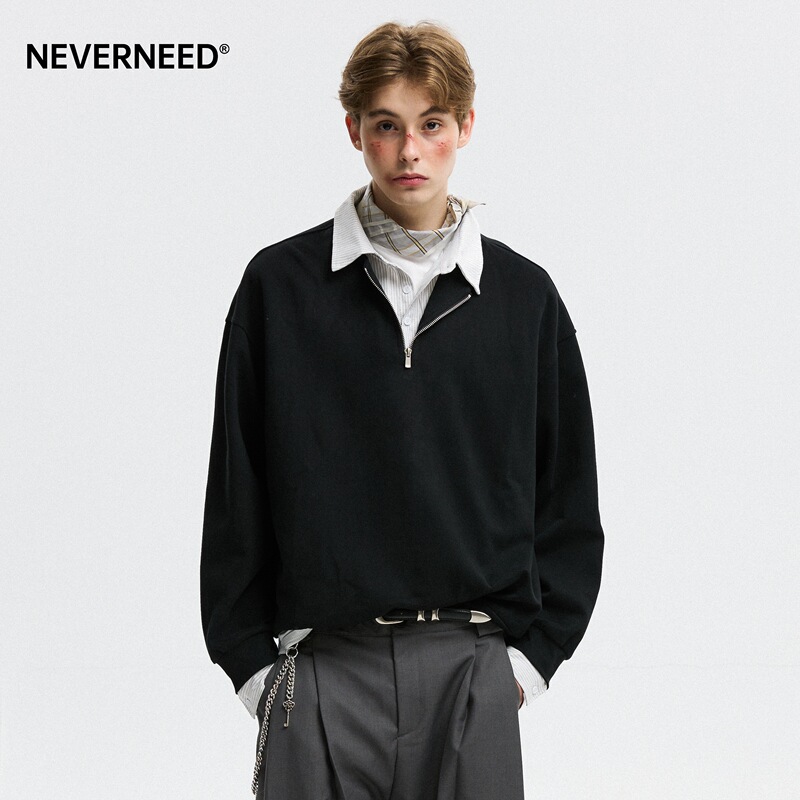 Neverneed Fake Two-Piece Polo Collar Sweatshirt for Men, Autumn American Cleanfit College Style Half-Zip Top