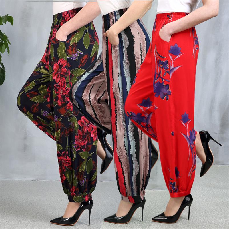 Cotton silk pants large size elastic cool modal mother pants 2019 cropped pants Lob old lady wide-leg pants