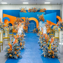 Blue wedding floral stage background T platform decoration simulation flower fake flower wedding scene layout road guide flower row flower row