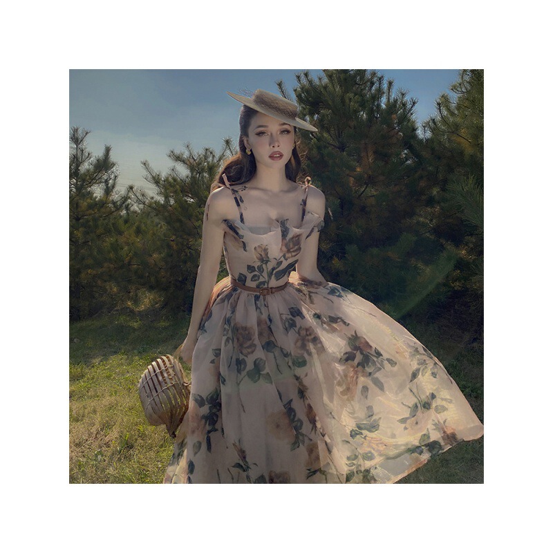 2025 Summer New Nude Floral Organza Waist-Cinching Slimming Puff Skirt Retro Elegant Dress 2025 Summer New Nude Floral Organza Waist-Cinching Slimming Puff Skirt Retro Elegant Dress