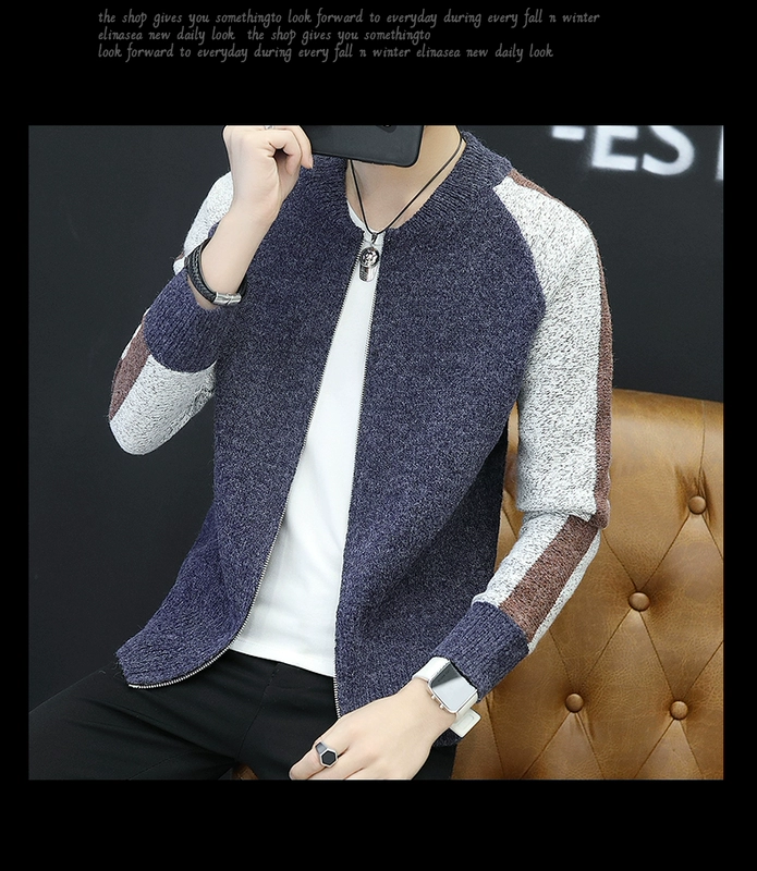 Áo len nam mùa thu và áo len Hàn Quốc áo len giản dị cổ tròn dây kéo bên ngoài mặc áo len nam xu hướng - Cardigan cardigan nam