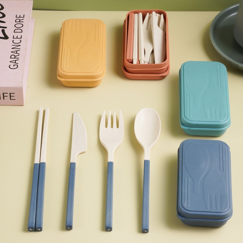 Japanese-Style Wheat Straw Tableware Knife, Fork, Spoon, Chopsticks Three-Piece Set Foldable Portable Tableware Storage Box Gift Set