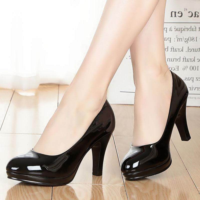 (Soft Leather No Pain Working Shoes) High heel Shoes Waterproof Taichung with Round Head Single Shoe Woman Career Black Leather Shoes 