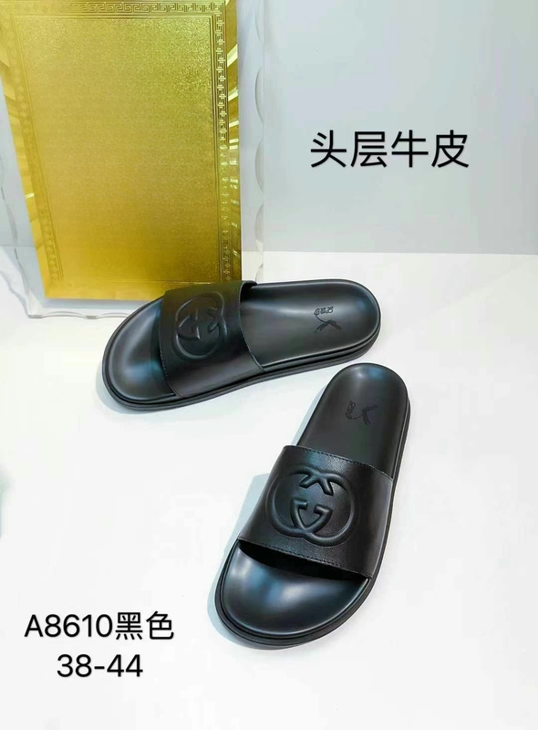 2025 Genuine Leather Men's Slippers for Summer Outdoor Wear, Open Toe, Letter Design, Non-Slip, Men's Flat Beach Sandals 8610