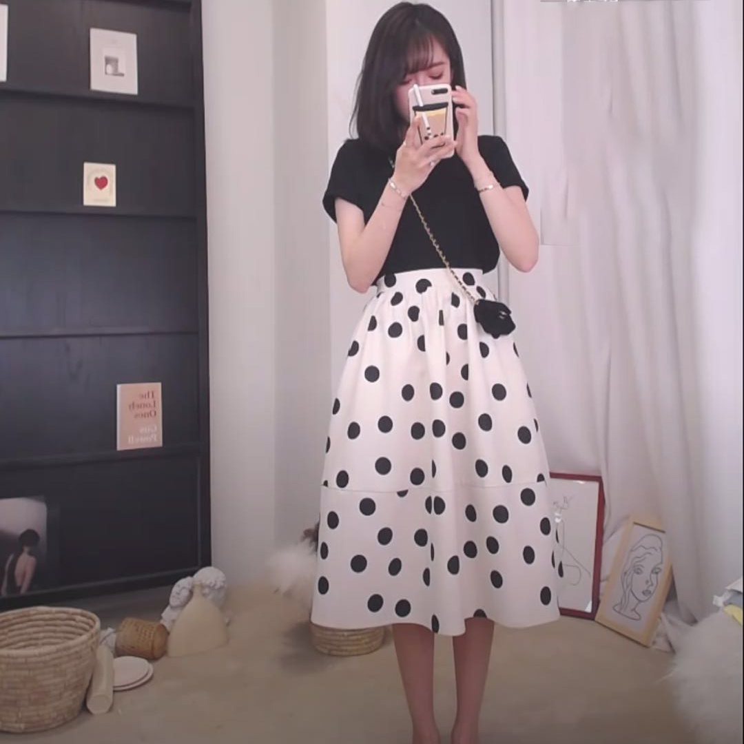 Rất bất tử Pháp thích retro sóng điểm váy nữ mùa hè dài phần cao eo một chữ rung cổ tích váy dài - Váy chân váy đẹp nhất