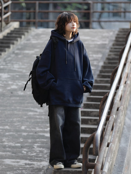 阿于呆春秋460g重磅纯色连帽简约卫衣男宽松休闲情侣内搭外套女潮