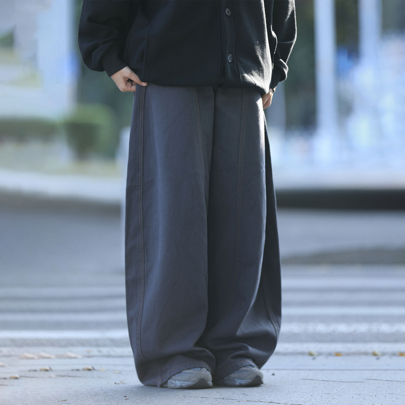 Ayudai Vintage Distressed Drape Wide-Leg Scimitar Wash Denim Pants for Men, Loose Fit Casual Floor-Length Pants for Women